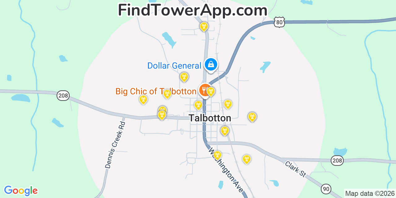 Map showing the 20 primary cell tower locations detected in Talbotton, Georgia from AT&T, Verizon, and T-Mobile networks