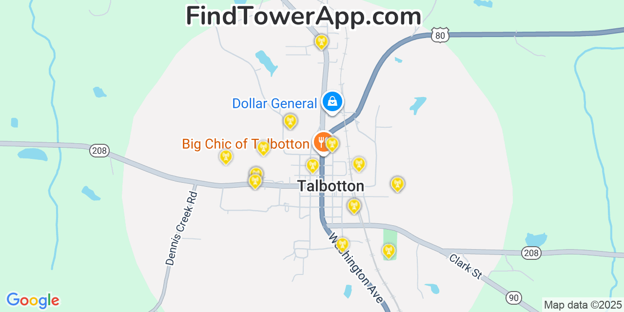 Map showing the 20 primary Mobitel cell tower locations detected in Talbotton, Georgia with coverage radius and signal strength indicators