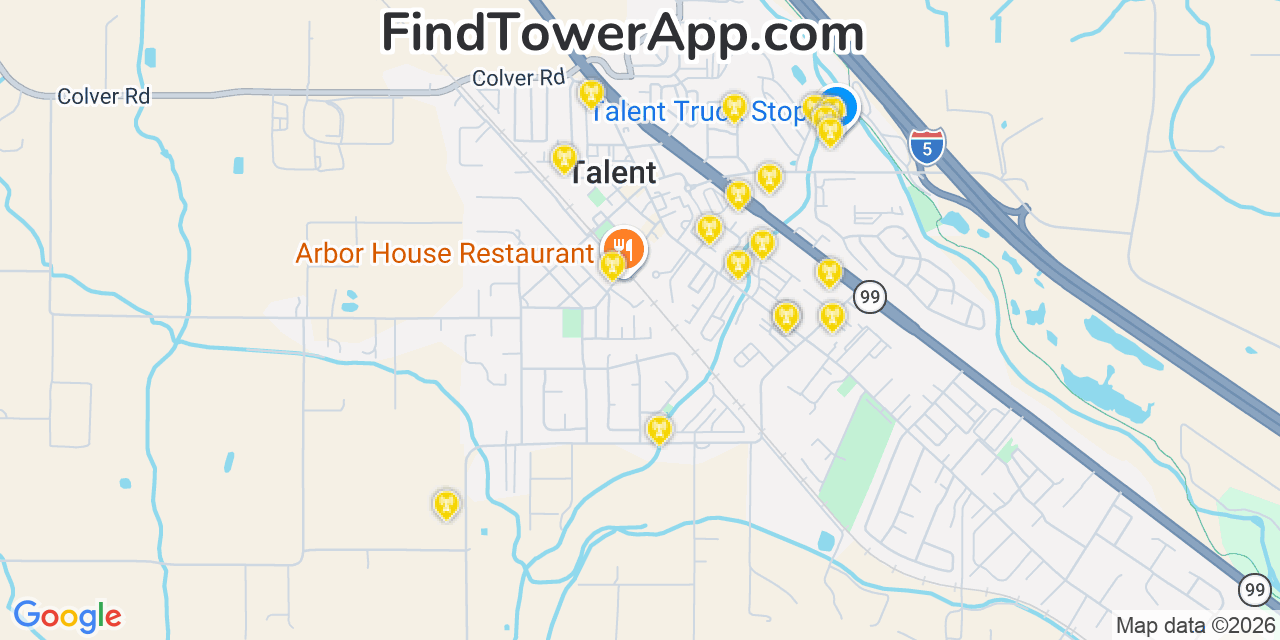 Map showing the 20 primary cell tower locations detected in Talent, Oregon from AT&T, Verizon, and T-Mobile networks