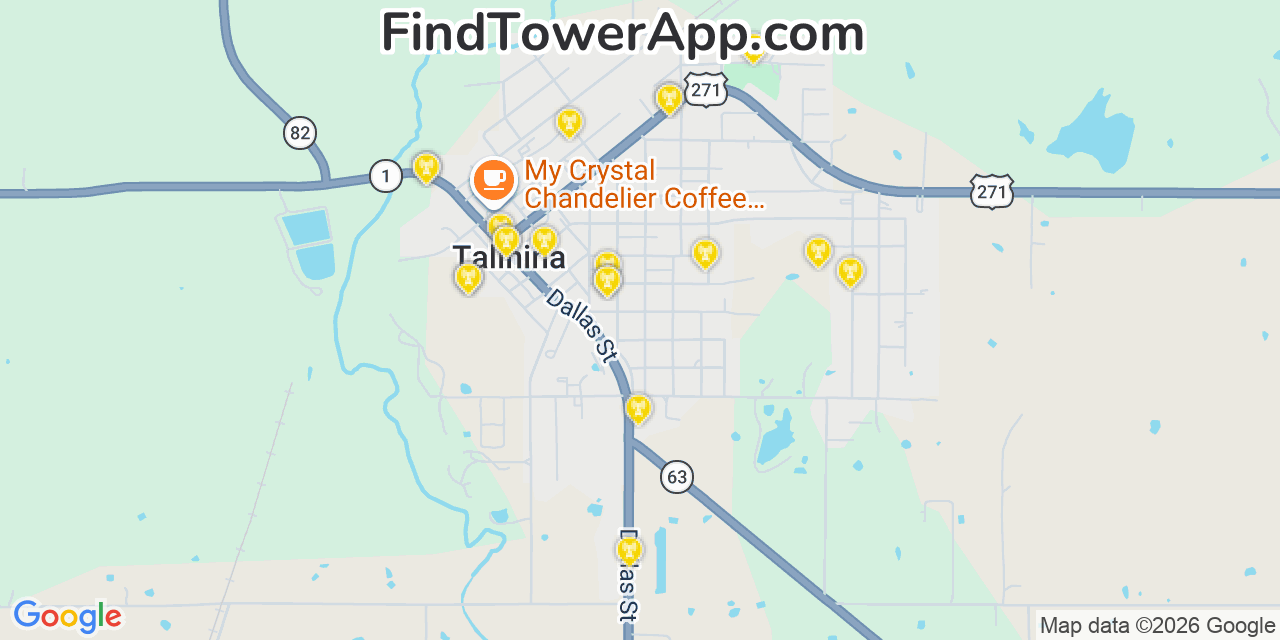 Map showing the 20 primary cell tower locations detected in Talihina, Oklahoma from AT&T, Verizon, and T-Mobile networks
