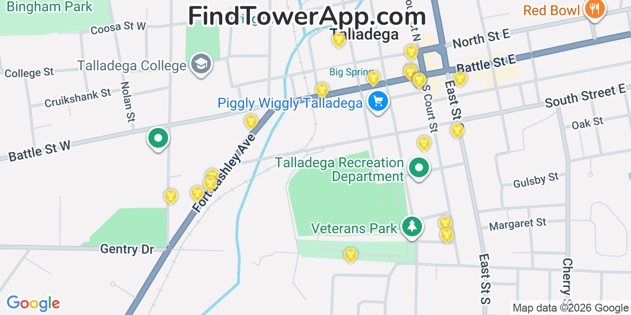 Map showing the 20 primary cell tower locations detected in Talladega, Alabama from AT&T, Verizon, and T-Mobile networks