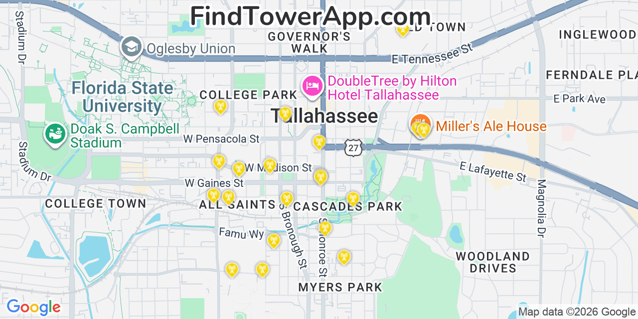 Map showing the 20 primary cell tower locations detected in Tallahassee, Florida from AT&T, Verizon, and T-Mobile networks