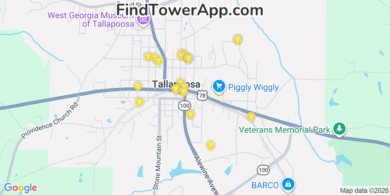 Map showing the 20 primary cell tower locations detected in Tallapoosa, Georgia from AT&T, Verizon, and T-Mobile networks
