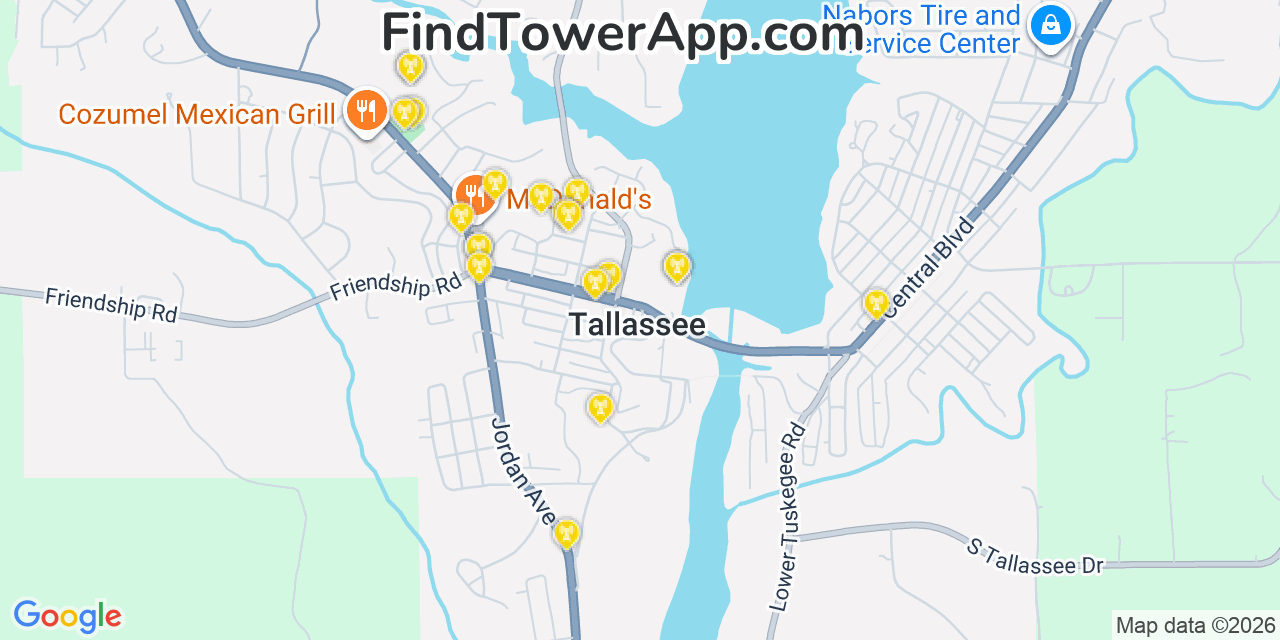 Map showing the 20 primary cell tower locations detected in Tallassee, Alabama from AT&T, Verizon, and T-Mobile networks