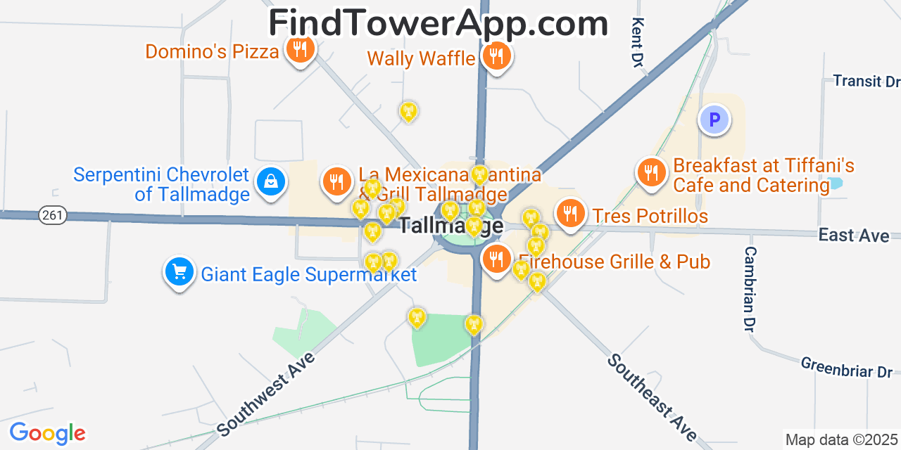 Map showing the 20 primary cell tower locations detected in Tallmadge, Ohio from AT&T, Verizon, and T-Mobile networks