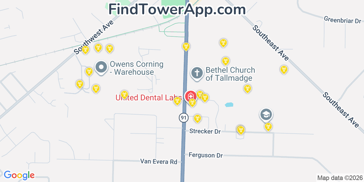 Map showing the 20 primary cell tower locations detected in Tallmadge, Ohio from AT&T, Verizon, and T-Mobile networks