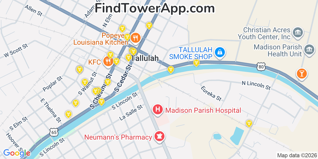 Map showing the 20 primary cell tower locations detected in Tallulah, Louisiana from AT&T, Verizon, and T-Mobile networks