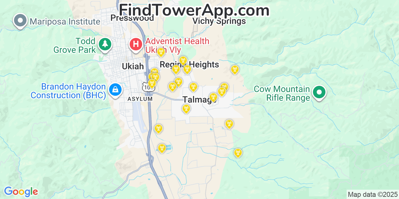 Map showing the 20 primary cell tower locations detected in Talmage, California from AT&T, Verizon, and T-Mobile networks
