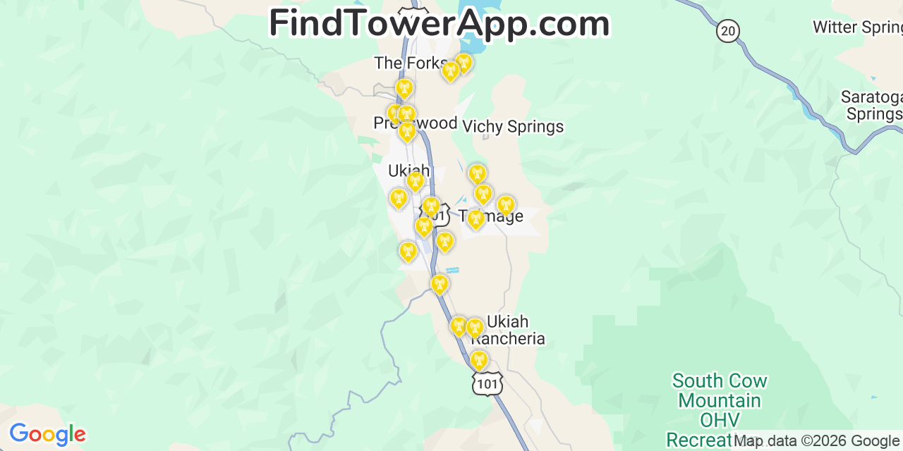 Map showing the 20 primary cell tower locations detected in Talmage, California from AT&T, Verizon, and T-Mobile networks