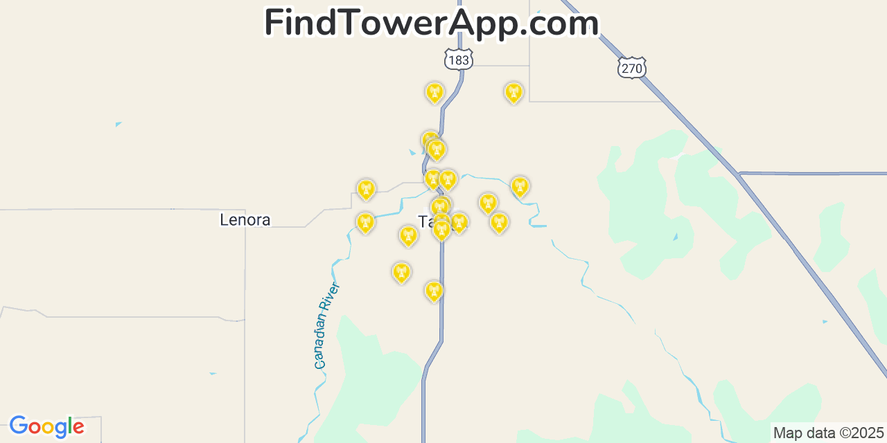 Map showing the 20 primary cell tower locations detected in Taloga, Oklahoma from AT&T, Verizon, and T-Mobile networks