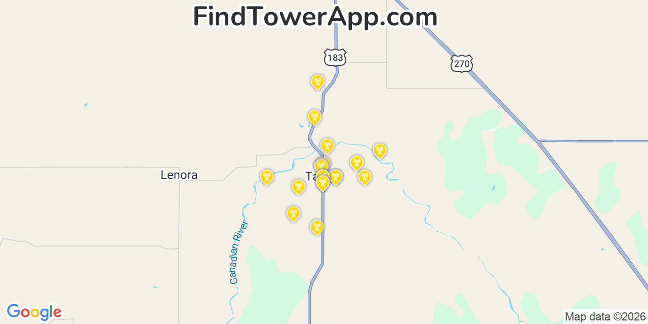 Map showing the 20 primary cell tower locations detected in Taloga, Oklahoma from AT&T, Verizon, and T-Mobile networks