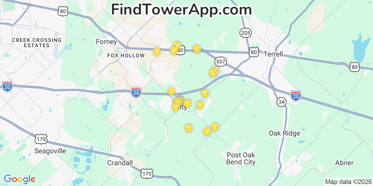 Map showing the 20 primary cell tower locations detected in Talty, Texas from AT&T, Verizon, and T-Mobile networks