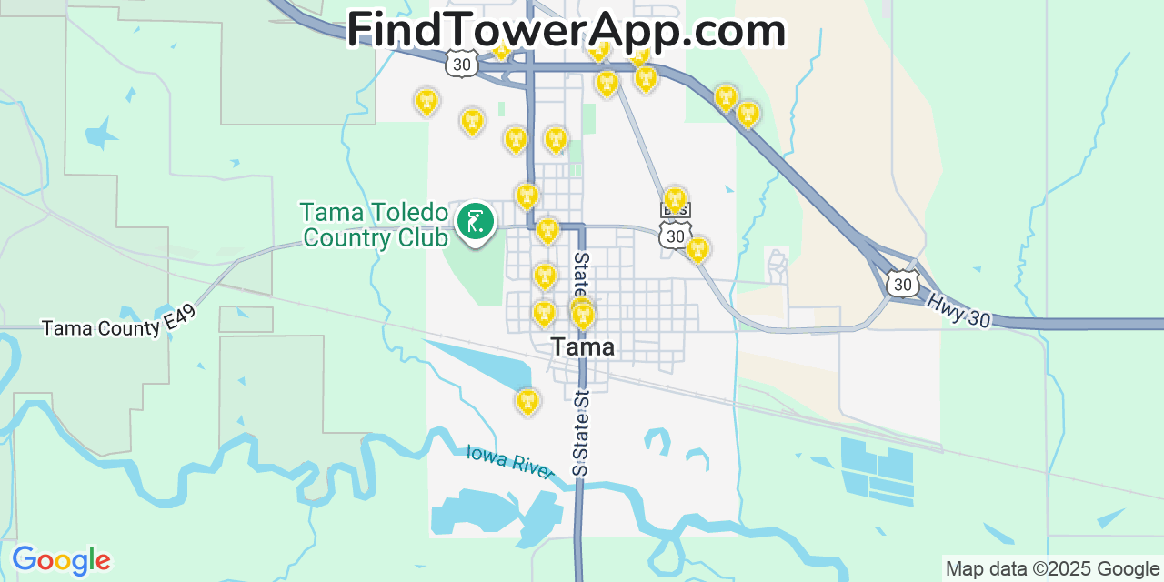Map showing the 20 primary cell tower locations detected in Tama, Iowa from AT&T, Verizon, and T-Mobile networks