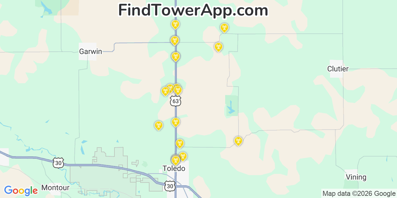 Map showing the 20 primary cell tower locations detected in Tama, Iowa from AT&T, Verizon, and T-Mobile networks