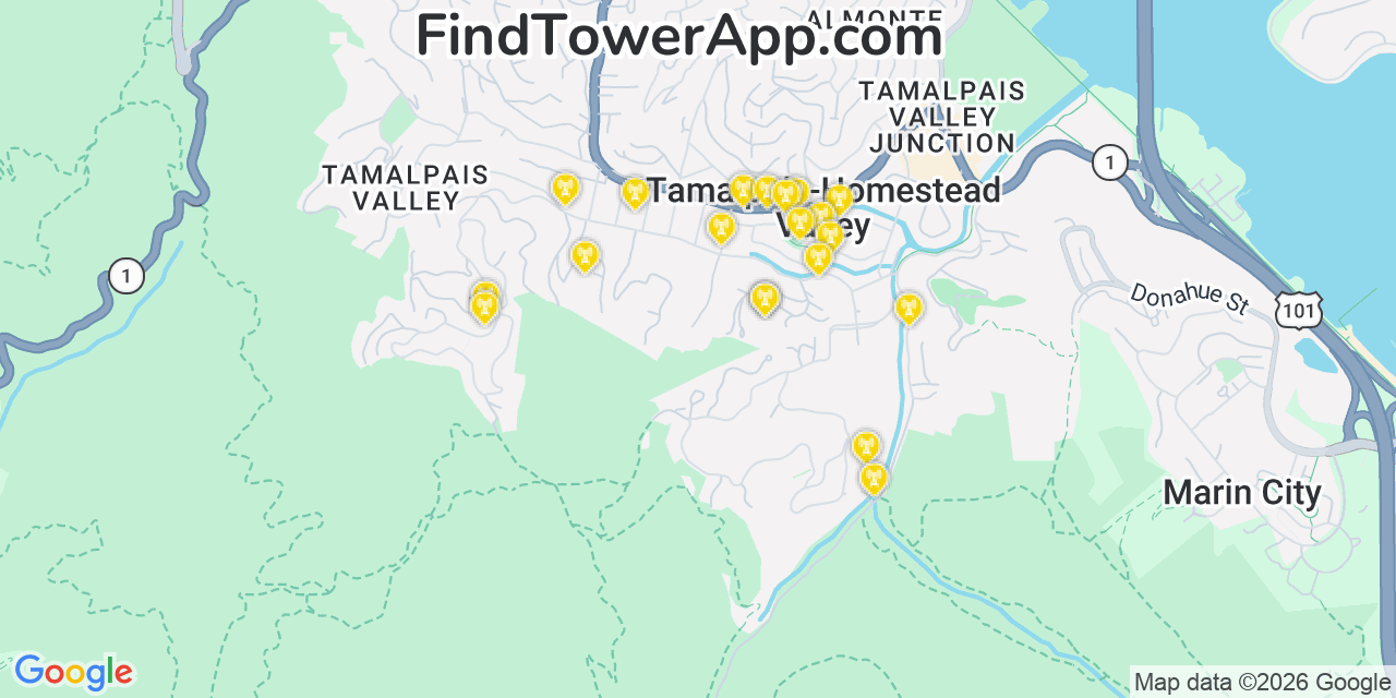 Map showing the 20 primary cell tower locations detected in Tamalpais Homestead Valley, California from AT&T, Verizon, and T-Mobile networks