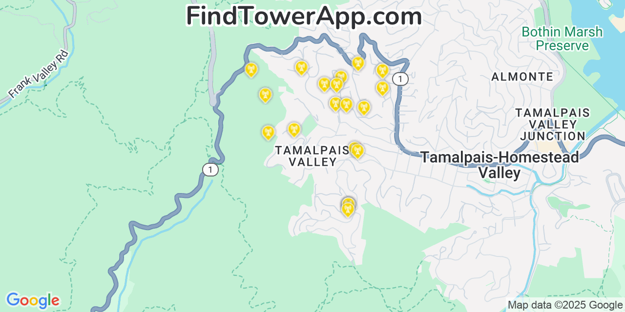 Map showing the 20 primary cell tower locations detected in Tamalpais Valley, California from AT&T, Verizon, and T-Mobile networks