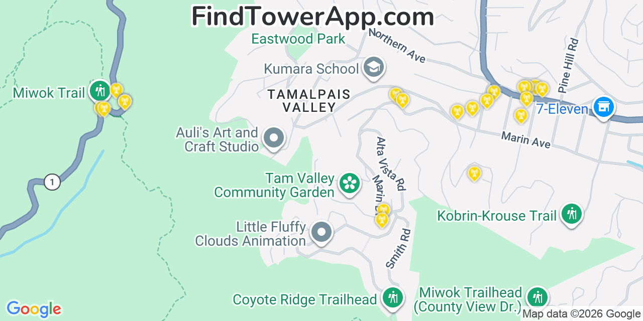 Map showing the 20 primary cell tower locations detected in Tamalpais Valley, California from AT&T, Verizon, and T-Mobile networks