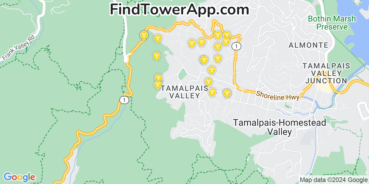 Verizon 4G/5G cell tower coverage map Tamalpais Valley, California