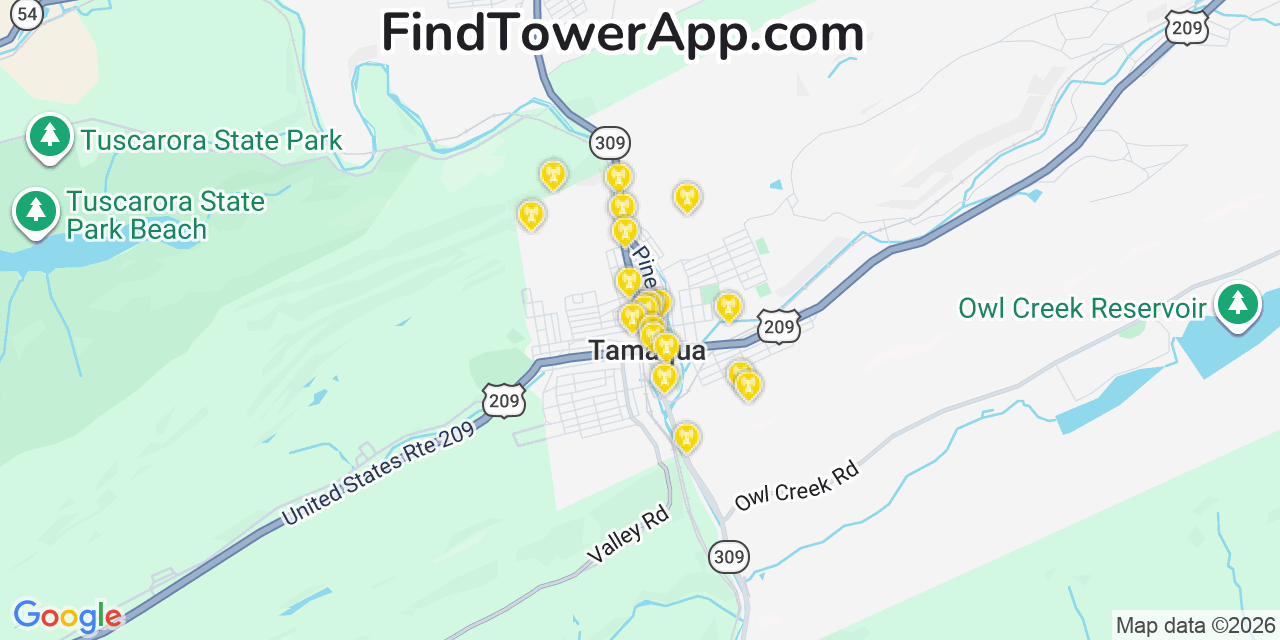 Map showing the 20 primary cell tower locations detected in Tamaqua, Pennsylvania from AT&T, Verizon, and T-Mobile networks