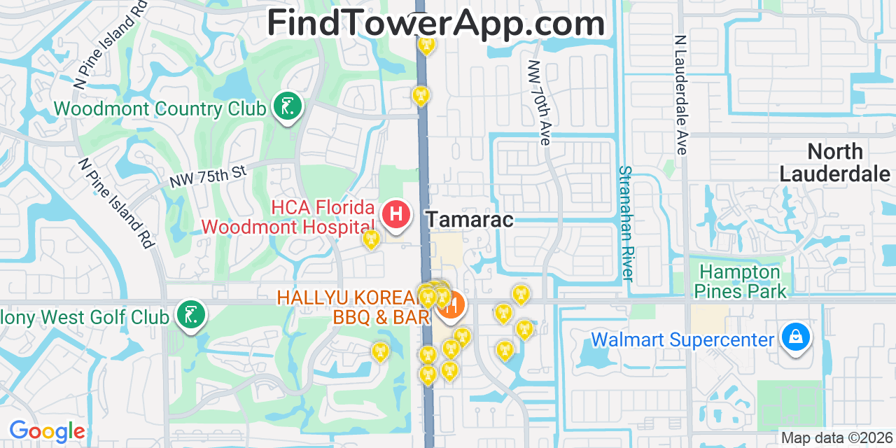 Map showing the 20 primary cell tower locations detected in Tamarac, Florida from AT&T, Verizon, and T-Mobile networks
