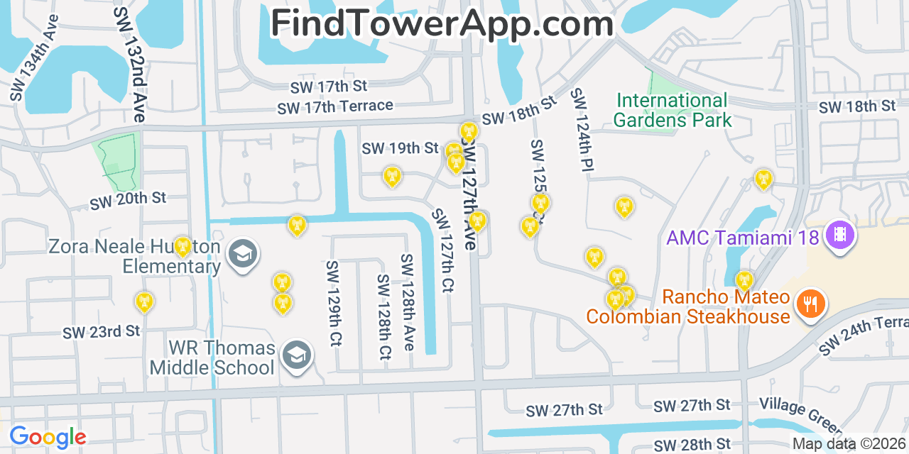Map showing the 20 primary cell tower locations detected in Tamiami, Florida from AT&T, Verizon, and T-Mobile networks