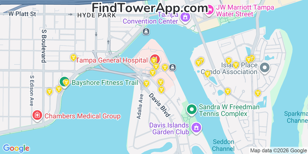 Map showing the 20 primary cell tower locations detected in Tampa, Florida from AT&T, Verizon, and T-Mobile networks