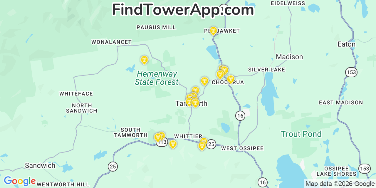 Map showing the 20 primary cell tower locations detected in Tamworth, New Hampshire from AT&T, Verizon, and T-Mobile networks