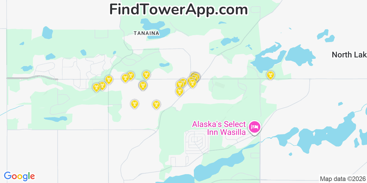 Map showing the 20 primary cell tower locations detected in Tanaina, Alaska from AT&T, Verizon, and T-Mobile networks