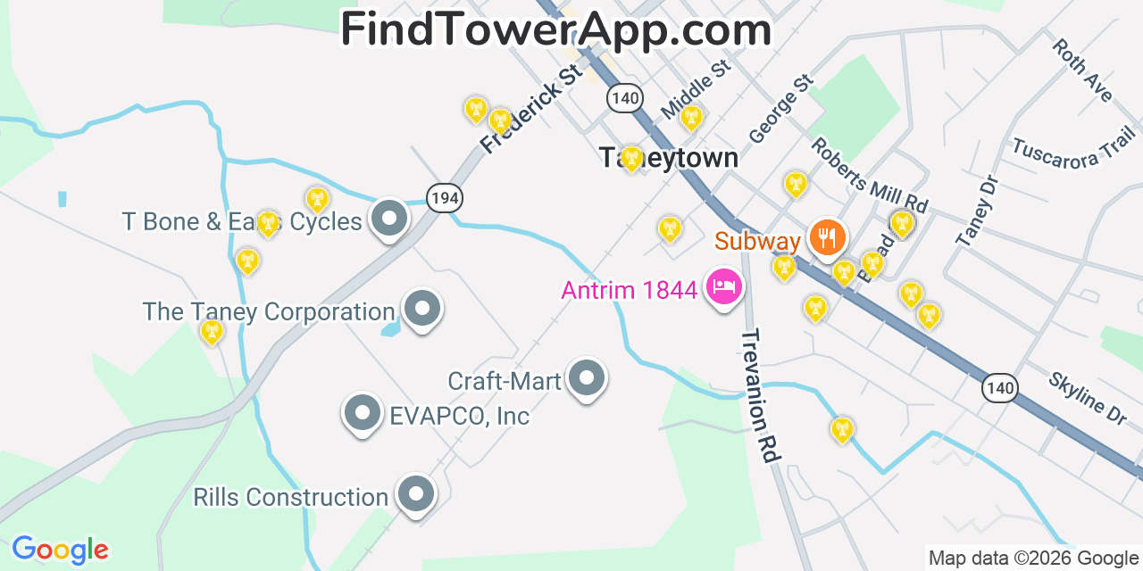 Map showing the 20 primary cell tower locations detected in Taneytown, Maryland from AT&T, Verizon, and T-Mobile networks