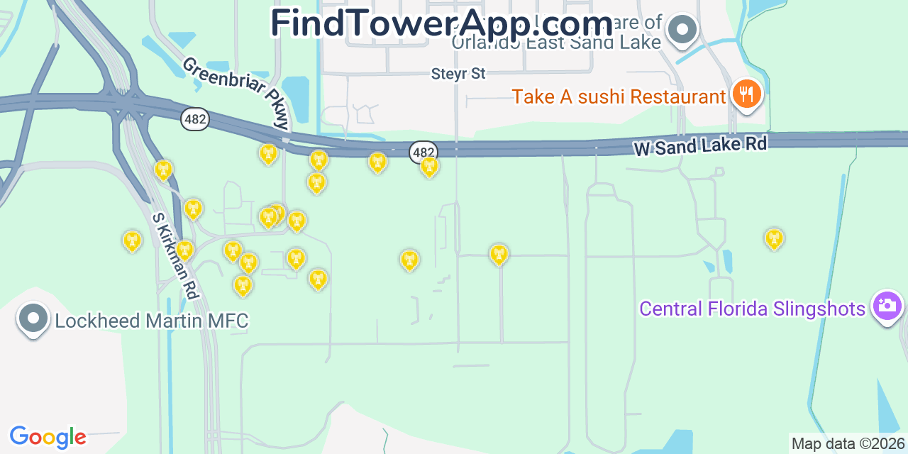 Map showing the 20 primary cell tower locations detected in Tangelo Park, Florida from AT&T, Verizon, and T-Mobile networks