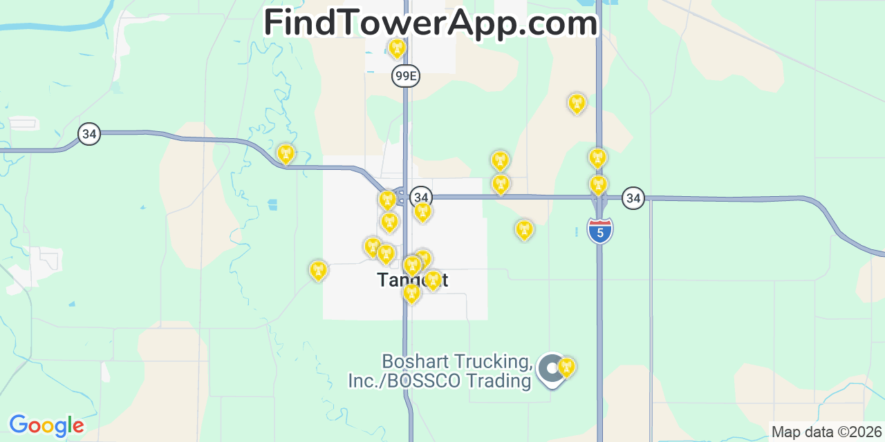 Map showing the 20 primary cell tower locations detected in Tangent, Oregon from AT&T, Verizon, and T-Mobile networks