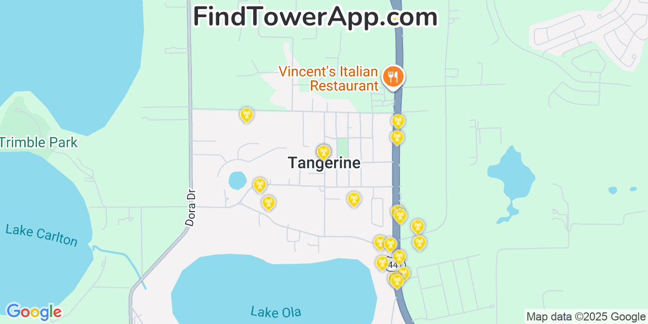 Map showing the 20 primary cell tower locations detected in Tangerine, Florida from AT&T, Verizon, and T-Mobile networks