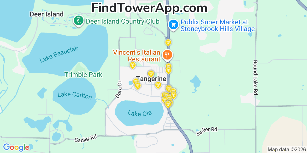 Map showing the 20 primary cell tower locations detected in Tangerine, Florida from AT&T, Verizon, and T-Mobile networks
