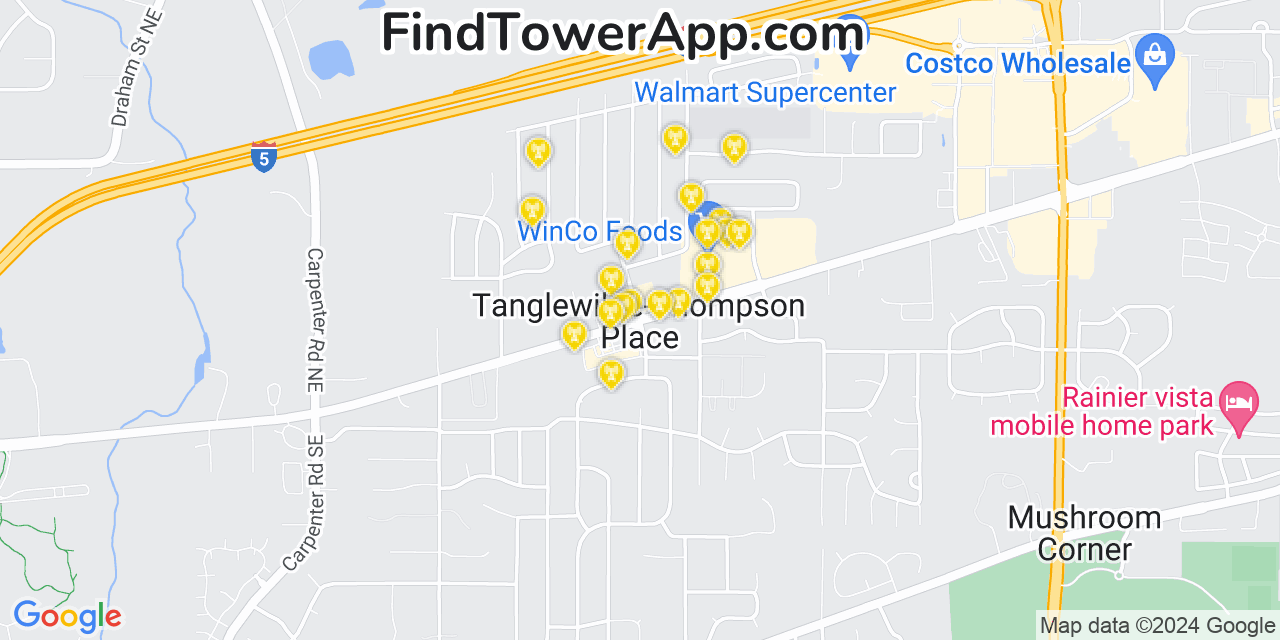 AT&T 4G/5G cell tower coverage map Tanglewilde Thompson Place, Washington