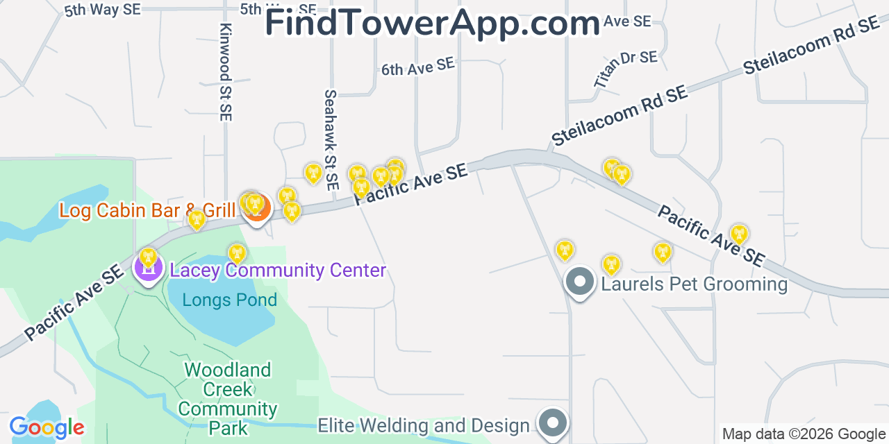 Map showing the 20 primary cell tower locations detected in Tanglewilde Thompson Place, Washington from AT&T, Verizon, and T-Mobile networks