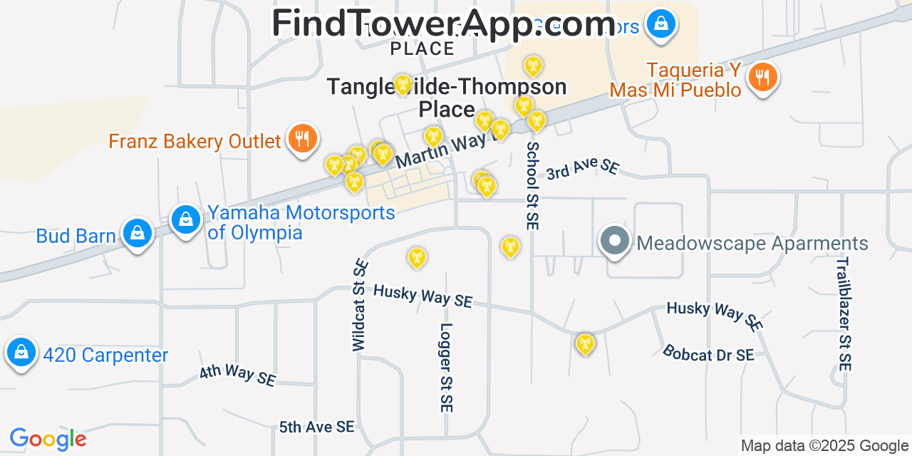 Map showing the 20 primary cell tower locations detected in Tanglewilde, Washington from AT&T, Verizon, and T-Mobile networks