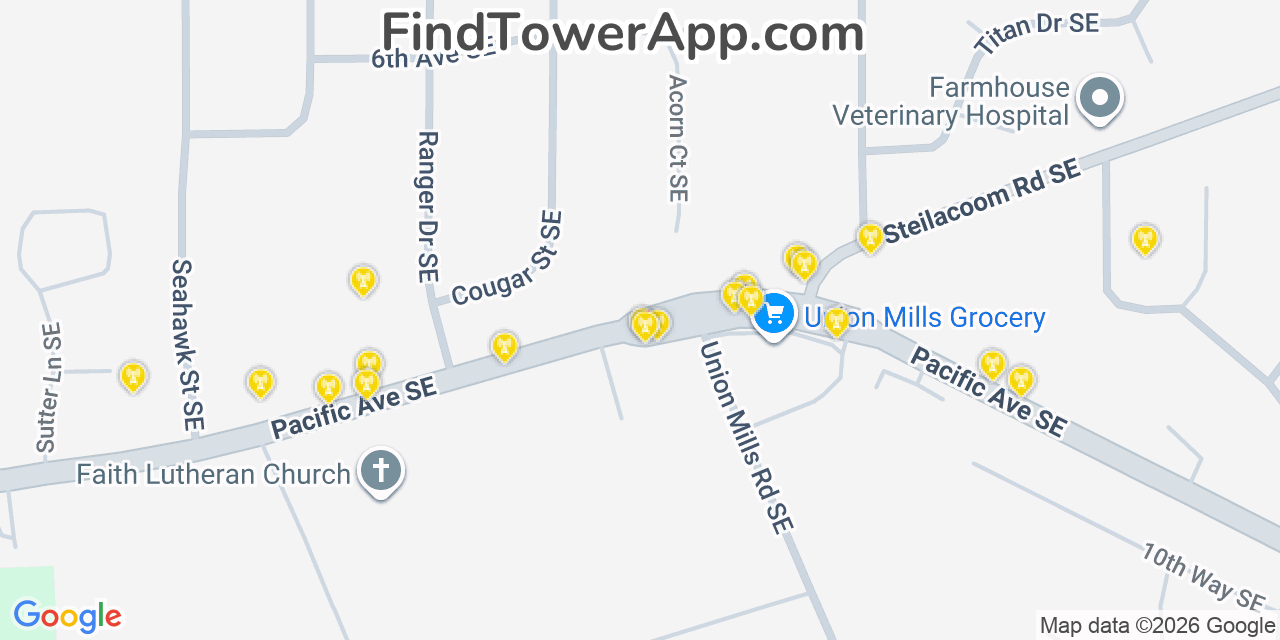 Map showing the 20 primary cell tower locations detected in Tanglewilde, Washington from AT&T, Verizon, and T-Mobile networks