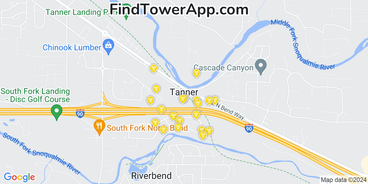 AT&T 4G/5G cell tower coverage map Tanner, Washington