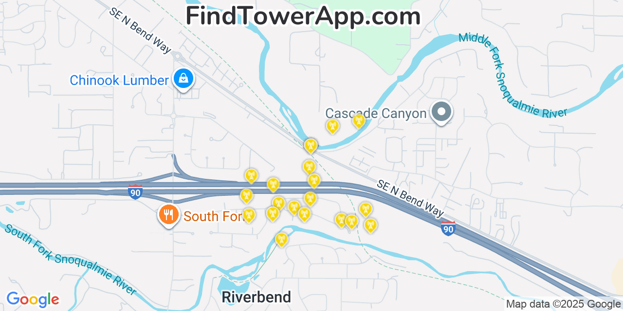Map showing the 20 primary cell tower locations detected in Tanner, Washington from AT&T, Verizon, and T-Mobile networks