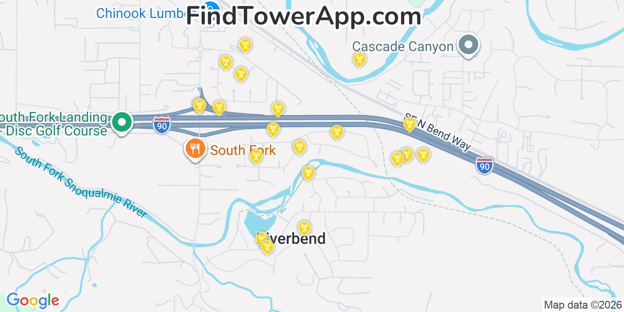 Map showing the 20 primary cell tower locations detected in Tanner, Washington from AT&T, Verizon, and T-Mobile networks