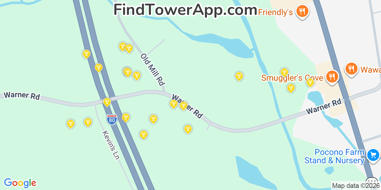 Map showing the 20 primary cell tower locations detected in Tannersville, Pennsylvania from AT&T, Verizon, and T-Mobile networks