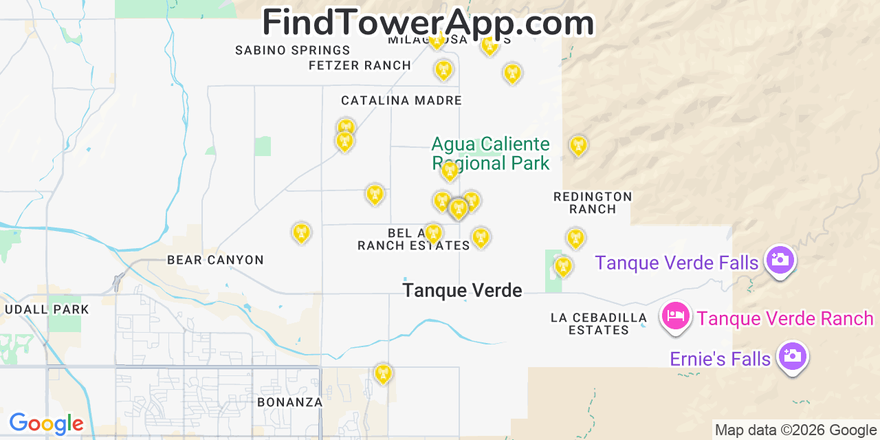 Map showing the 20 primary cell tower locations detected in Tanque Verde, Arizona from AT&T, Verizon, and T-Mobile networks