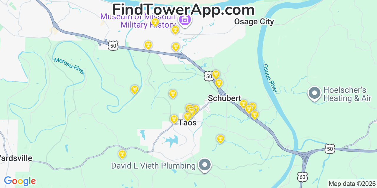 Map showing the 20 primary cell tower locations detected in Taos, Missouri from AT&T, Verizon, and T-Mobile networks