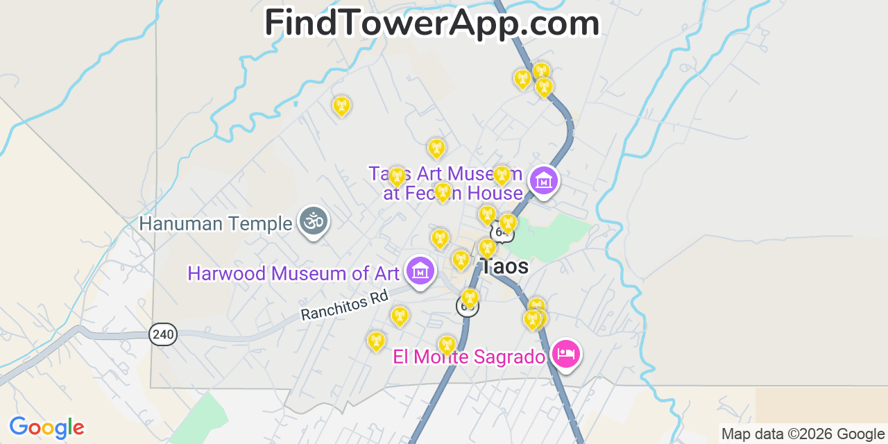 Map showing the 20 primary cell tower locations detected in Taos, New Mexico from AT&T, Verizon, and T-Mobile networks