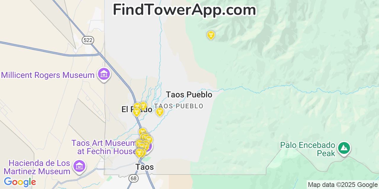 Map showing the 20 primary cell tower locations detected in Taos Pueblo, New Mexico from AT&T, Verizon, and T-Mobile networks