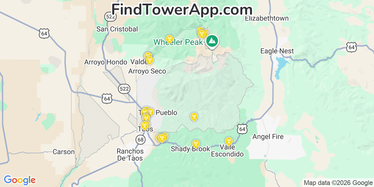 Map showing the 20 primary cell tower locations detected in Taos Pueblo, New Mexico from AT&T, Verizon, and T-Mobile networks