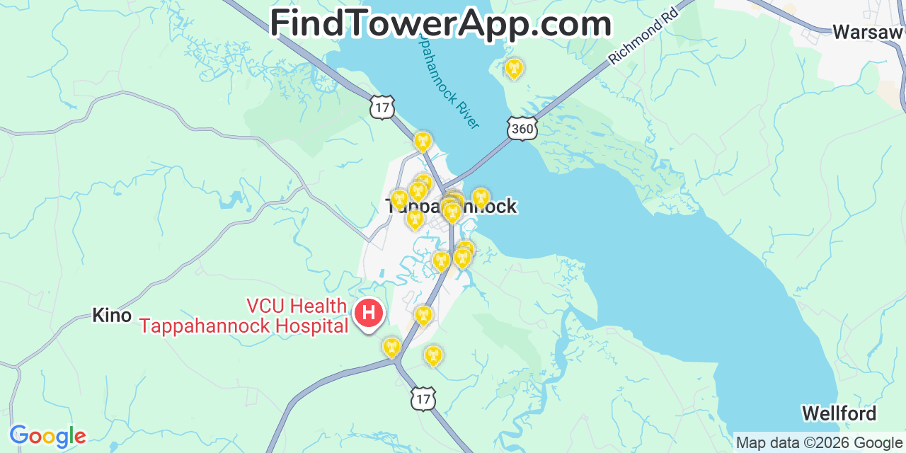Map showing the 20 primary cell tower locations detected in Tappahannock, Virginia from AT&T, Verizon, and T-Mobile networks