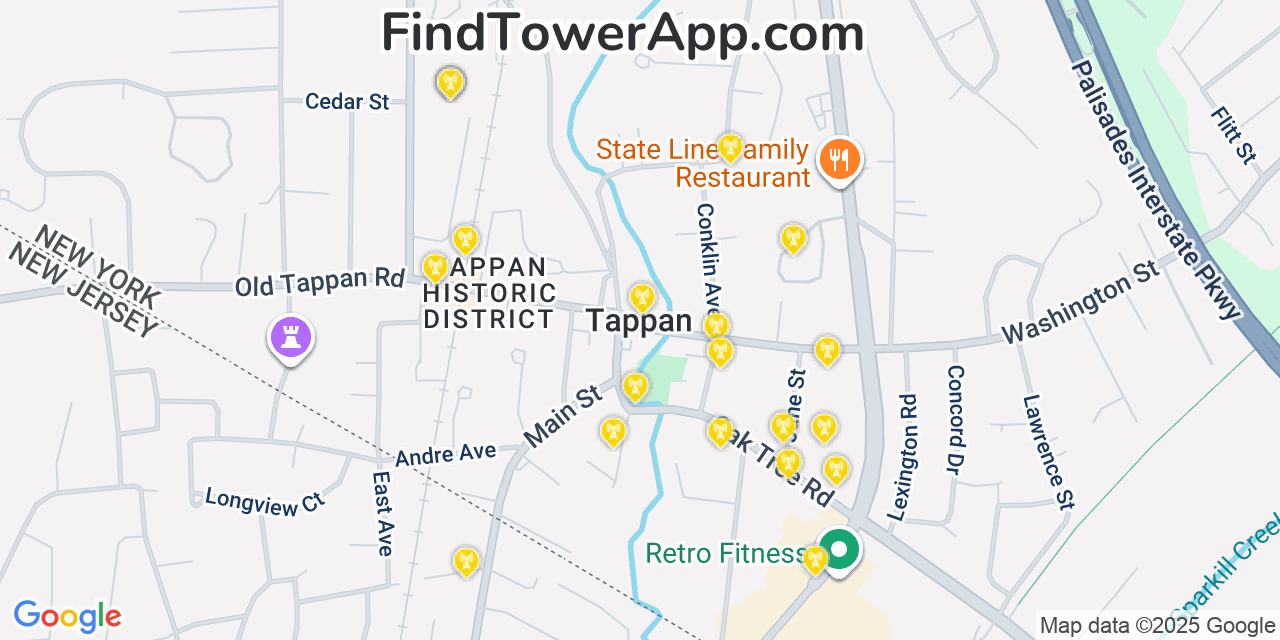 Map showing the 20 primary cell tower locations detected in Tappan, New York from AT&T, Verizon, and T-Mobile networks
