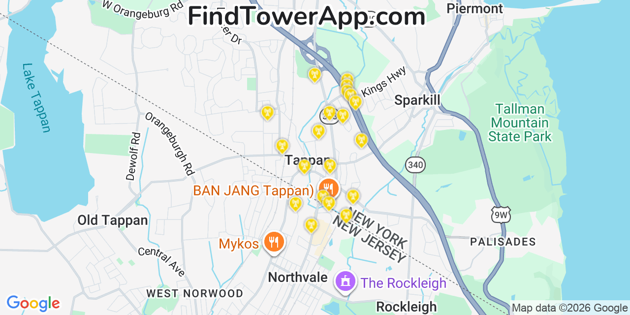 Map showing the 20 primary cell tower locations detected in Tappan, New York from AT&T, Verizon, and T-Mobile networks
