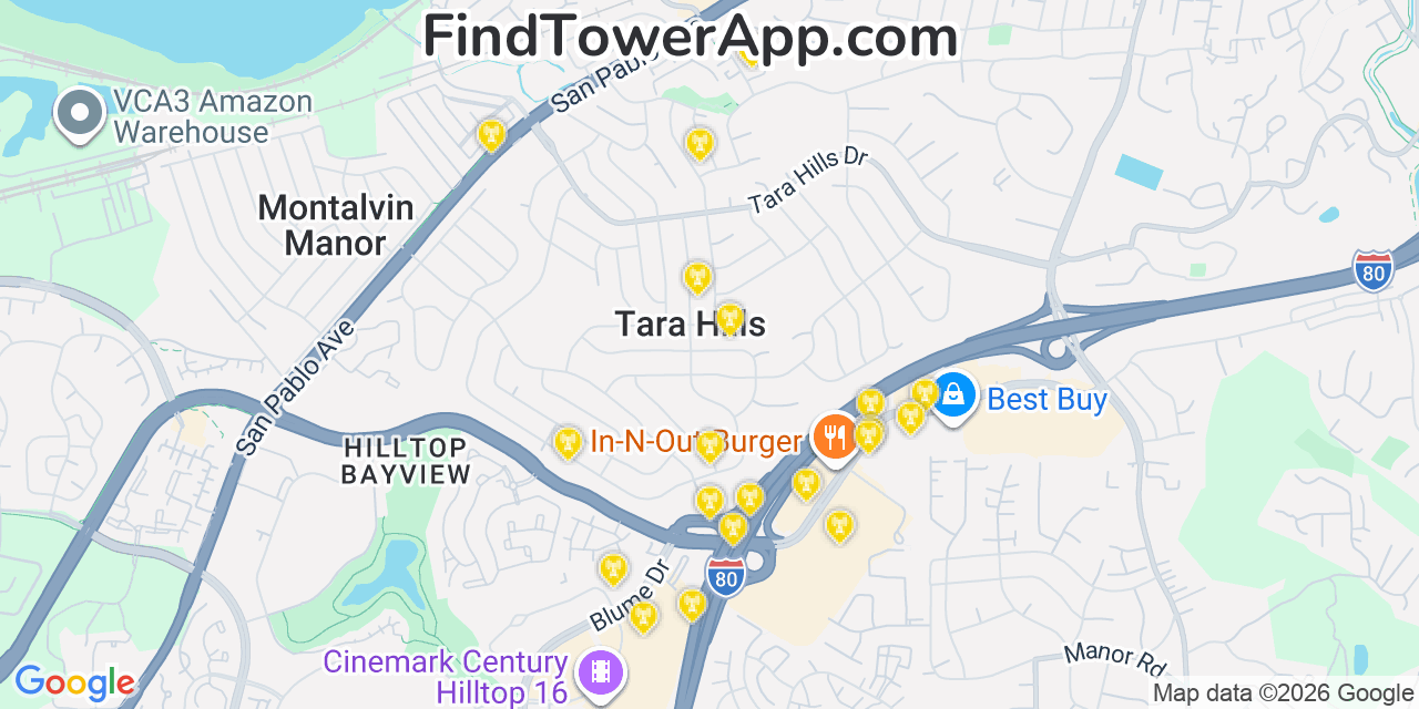 Map showing the 20 primary cell tower locations detected in Tara Hills, California from AT&T, Verizon, and T-Mobile networks
